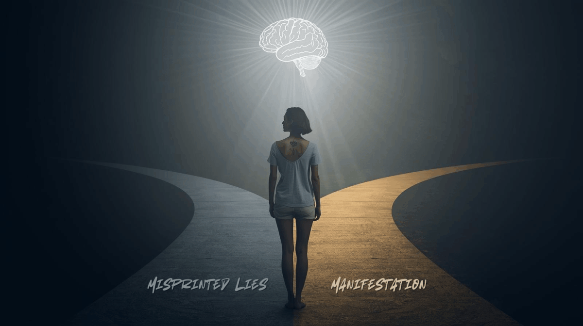 A person choosing between two paths, symbolizing how manifestation rewires your brain for success.